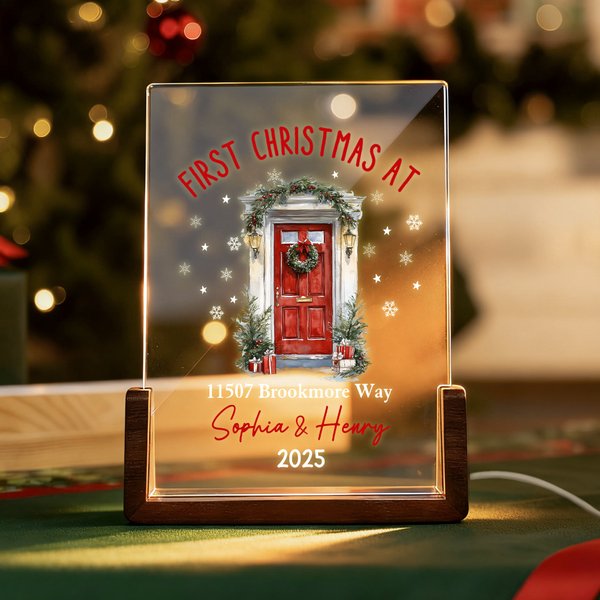 Veilleuse LED en acrylique personnalisée avec nom et socle en bois Décoration de la maison Pendaison de crémaillère Premier cadeau de Noël pour les enfants Famille Amis
