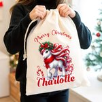 Personalized Merry Christmas Fantasy Unicorn Drawstring Gift Bag with Name Christmas Eve Party Favors for Girls Boys Kids