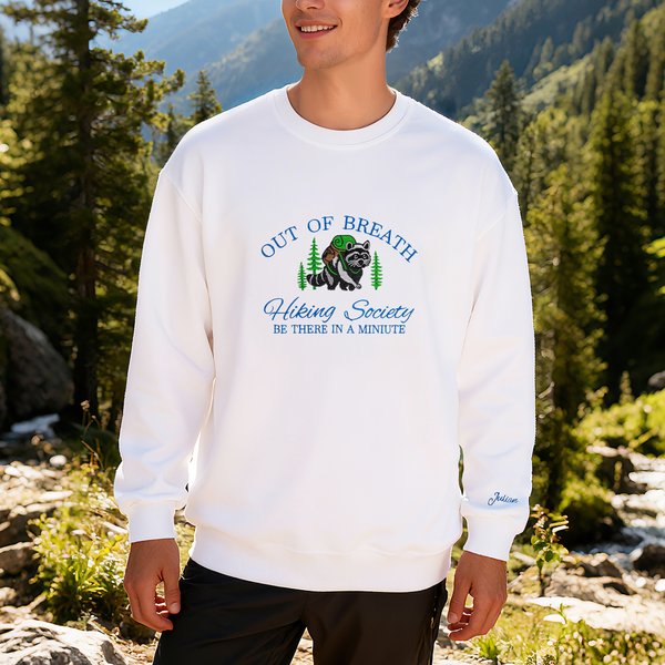 Personalized Embroidered Raccoon Multicolour T-shirt Sweatshirt Hoodie with Name Hiking Birthday Gift for Hiking Enthusiasts