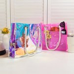 Personalized 2 Styles Birth Flower Holographic Clear Tote Bag with Name Beach Daily Accessories Bachelorette Party Christmas Gift for Brides Women
