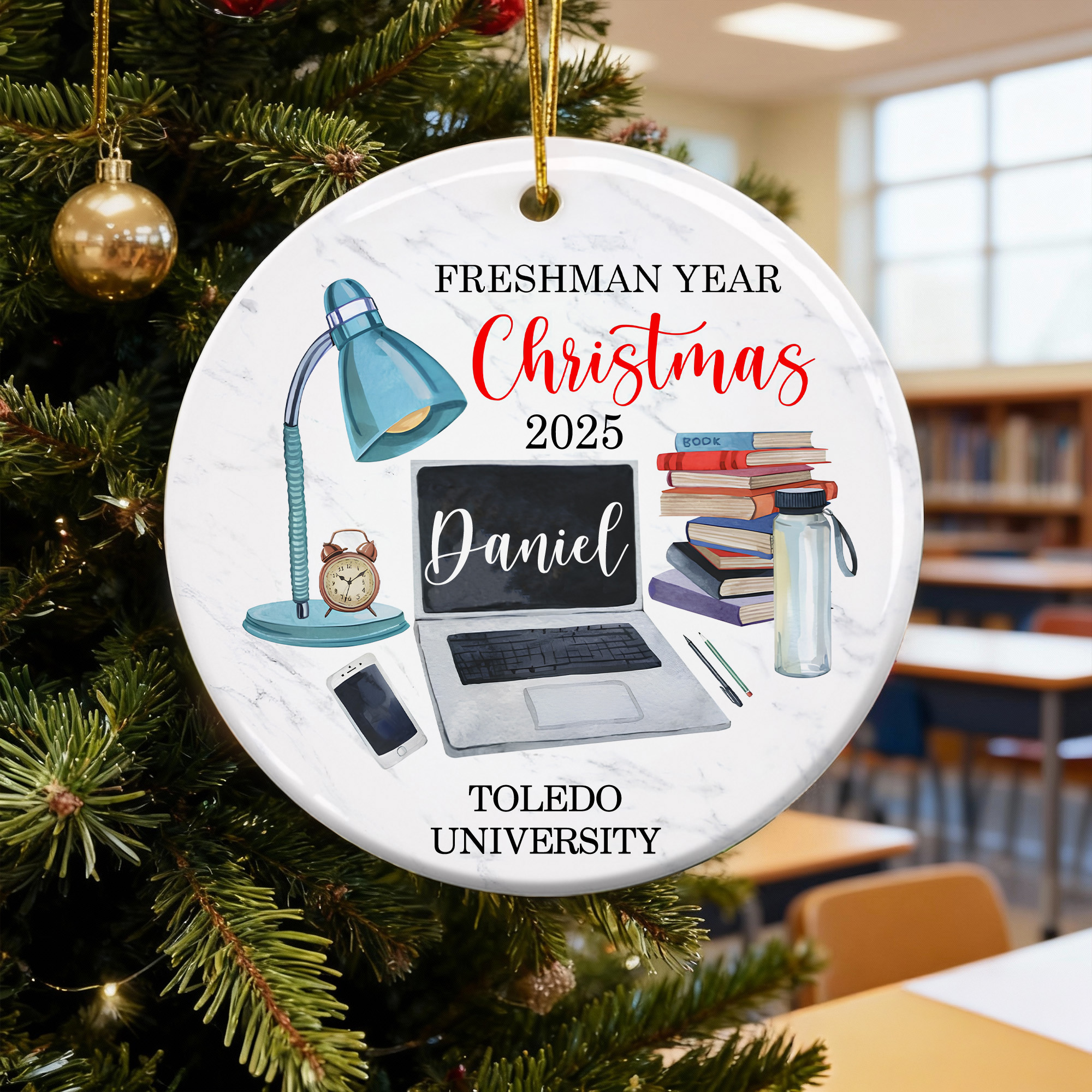 Ornement de Noël personnalisé en céramique avec nom et nom de l'école Décoration de l'arbre de classe Cadeau de Noël pour étudiant