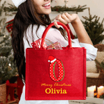 Personalized Christmas Hat Initial Large Jute Tote Bag with Name Christmas Party Gift for Kids Family Friends