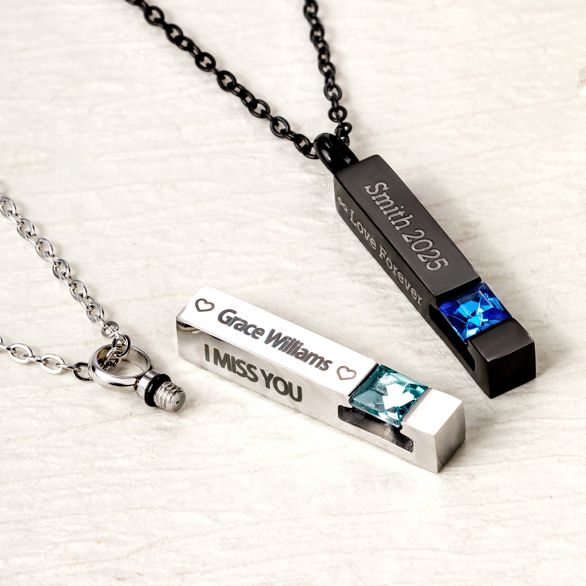 Collier d'urne de cendres gravé 1-4 côtés avec pierre de naissance et texte Bijoux de crémation Cadeau commémoratif pour elle et lui