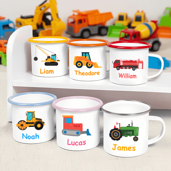 Personalized Construction Truck Excavator Bulldozer 12 oz Enamel Mug with Name Birthday Gift for Boys Girls Truck Lovers