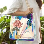 Personalized 2 Styles Birth Flower Holographic Clear Tote Bag with Name Beach Daily Accessories Bachelorette Party Christmas Gift for Brides Women
