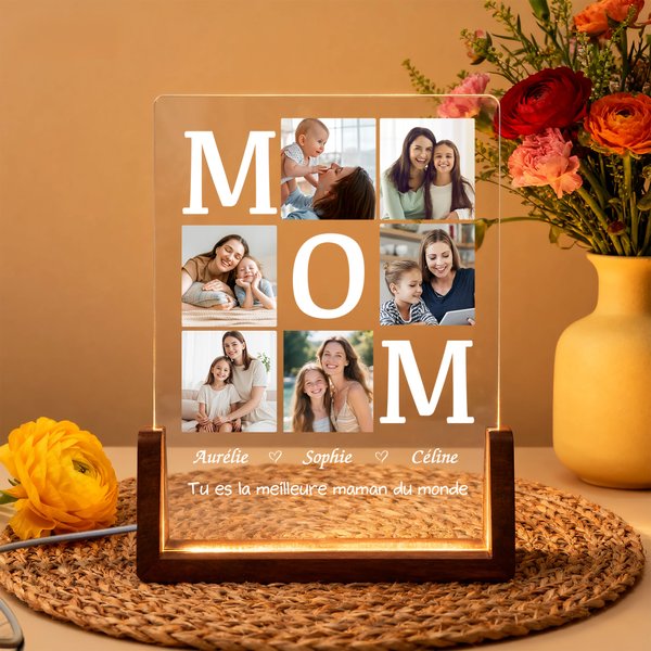 Veilleuse LED Acrylique Personnalisée avec 6 Photos Nom et Texte Base en Bois Cadeau Anniversaire pour Maman Papa Grands-Parents
