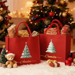 Personalized Watercolor Christmas Tree Large Capacity Jute Red Tote Bag with Name Christmas Party Gift for Kids Friends