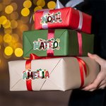 Chapeau de Père Noël personnalisé Lettre de Noël Lot de 2 autocollants imperméables avec nom Décoration de Noël Favoris de fête pour les enfants Famille Amis
