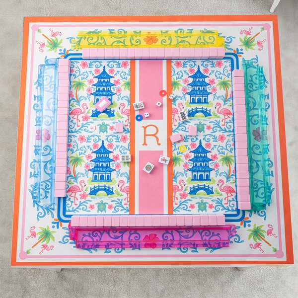 Gepersonaliseerde Chinoiserie Pagoda Bloemen Ontwerp Antislip Mahjong Mat met Letters en Opbergtas Mahjong Accessoire Verjaardagscadeau voor Mahjong Liefhebbers