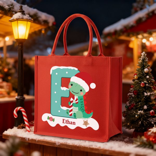 Personalized Cute Santa Hat Dinosaur Large Capacity Red Jute Tote Bag with Name Holiday Accessories Christmas Party Gift for Kids Teenagers