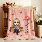 Personalised Cartoon Character Birth Flower Soft Throw Blanket with Name Home Decor Birthday Christmas Gift for Family Friend Book Lover