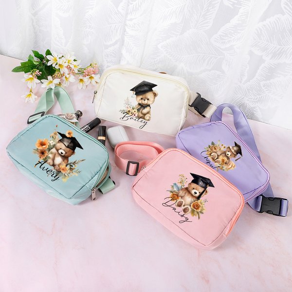 Personalised Graduation Hat Bear Floral Waterproof Crossbody Fanny Pack Waist Bag with Adjustable Strap Birthday Graduation Gift for Graduates