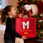 Personalized Christmas Hat Initial Large Jute Tote Bag with Name Christmas Party Gift for Kids Family Friends