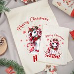 Personalized Merry Christmas Fantasy Unicorn Drawstring Gift Bag with Name Christmas Eve Party Favors for Girls Boys Kids