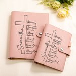 Personalized Bible Verse Cross PU Leather Notebook with Name Pen Slot and Card Pockets Baptism Wedding Gift for Christians Bridesmaids
