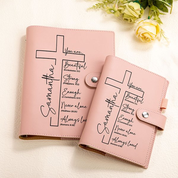Personalized Bible Verse Cross PU Leather Notebook with Name Pen Slot and Card Pockets Baptism Wedding Gift for Christians Bridesmaids