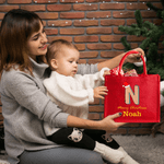 Personalized Christmas Hat Initial Large Jute Tote Bag with Name Christmas Party Gift for Kids Family Friends