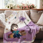 Personalised Cartoon Character Birth Flower Soft Throw Blanket with Name Home Decor Birthday Christmas Gift for Family Friend Book Lover