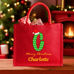 Personalized Christmas Hat Initial Large Jute Tote Bag with Name Christmas Party Gift for Kids Family Friends
