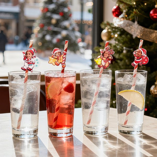 Personalisierte Weihnachtsmann Elch Foto Stroh Topper Zubehör für Stanley Tumbler Cup Party Favorit Weihnachtsgeschenk für Familie Freund