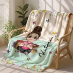 Personalised Cartoon Character Birth Flower Soft Throw Blanket with Name Home Decor Birthday Christmas Gift for Family Friend Book Lover