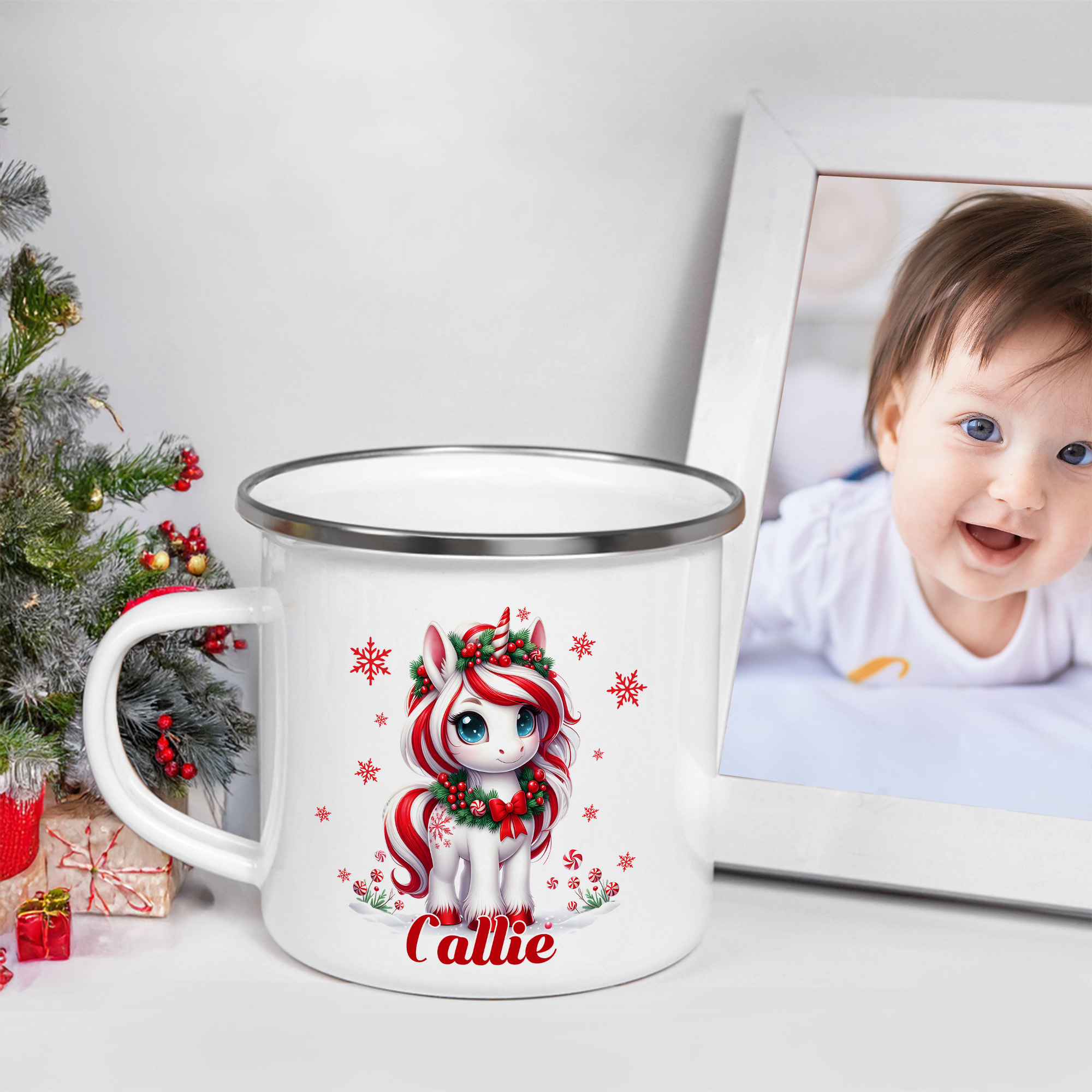 Tasse en émail 12 oz avec nom Cadeau de Noël pour la famille et les enfants