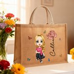 Personalized Cute Cartoon Women Girl Birth Flower Jute Tote Bag with Name Wedding Birthday Mother's Day Gift for Her