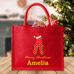 Personalized Christmas Hat Initial Large Jute Tote Bag with Name Christmas Party Gift for Kids Family Friends