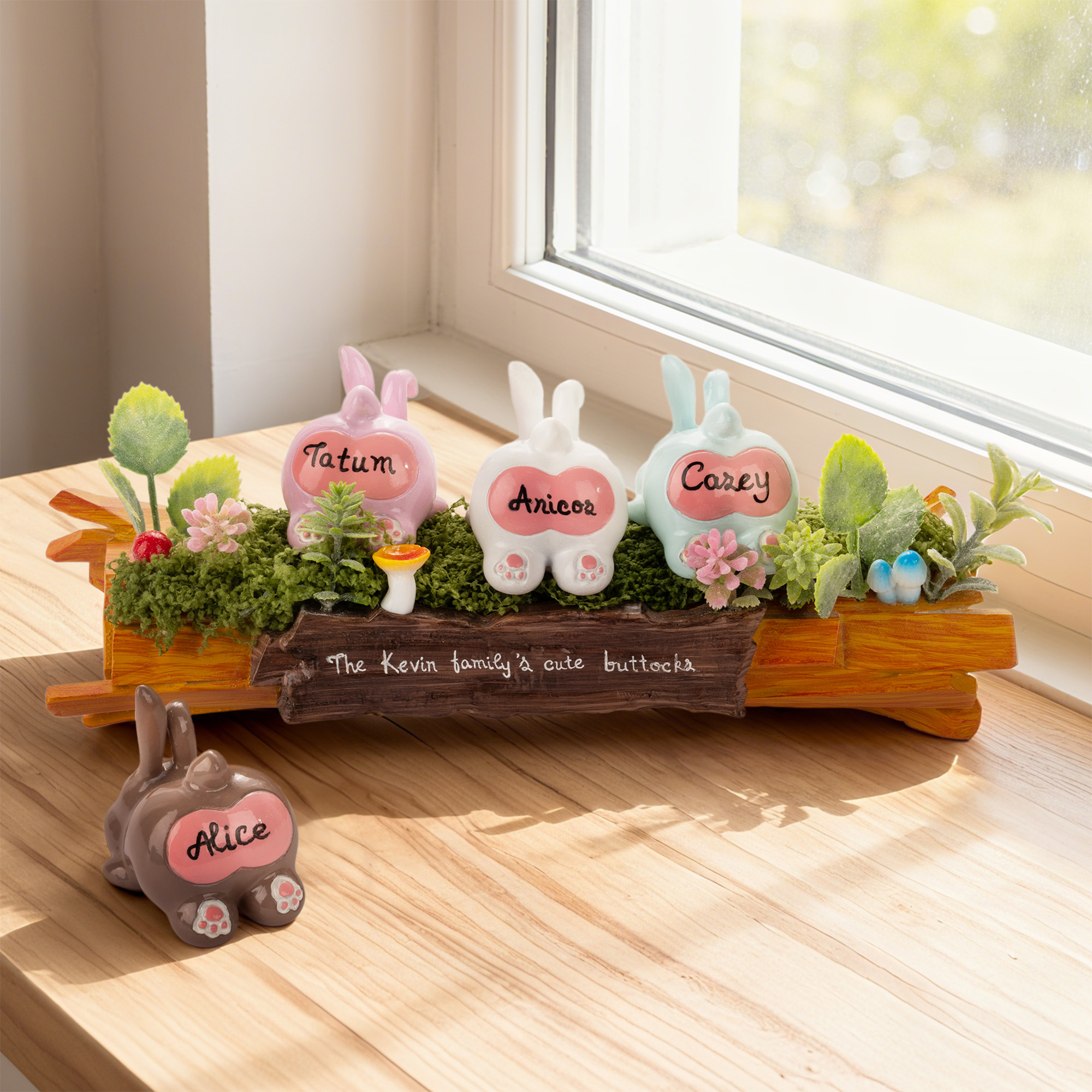 Figurines de souche de lapin de famille personnalisées avec 1-16 noms et texte Décoration d'intérieur Cadeau de Noël pour la famille Grand-mère Grand-père