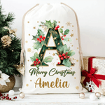 Personalized Holly Initial Canvas Drawstring Gift Bag with Name Christmas Gift for Friends Family