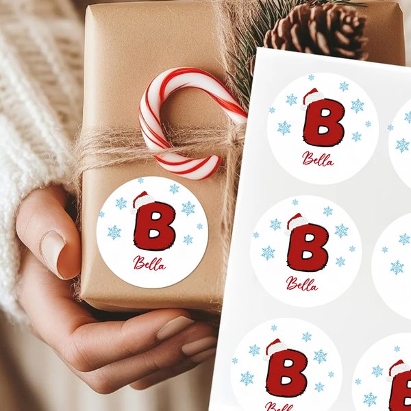 Flocon de Neige Personnalisé Bonnet de Père Noël Initial Etiquettes imperméables avec nom Décor de Noël Fête Favors pour les enfants