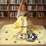 Personalised Cartoon Character Birth Flower Soft Throw Blanket with Name Home Decor Birthday Christmas Gift for Family Friend Book Lover