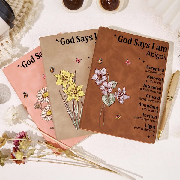 Personalized God Says I Am Name Meaning on Bible Verse A5 Leather Cover Notebook Baptism Thanksgiving Gift for Family Christians