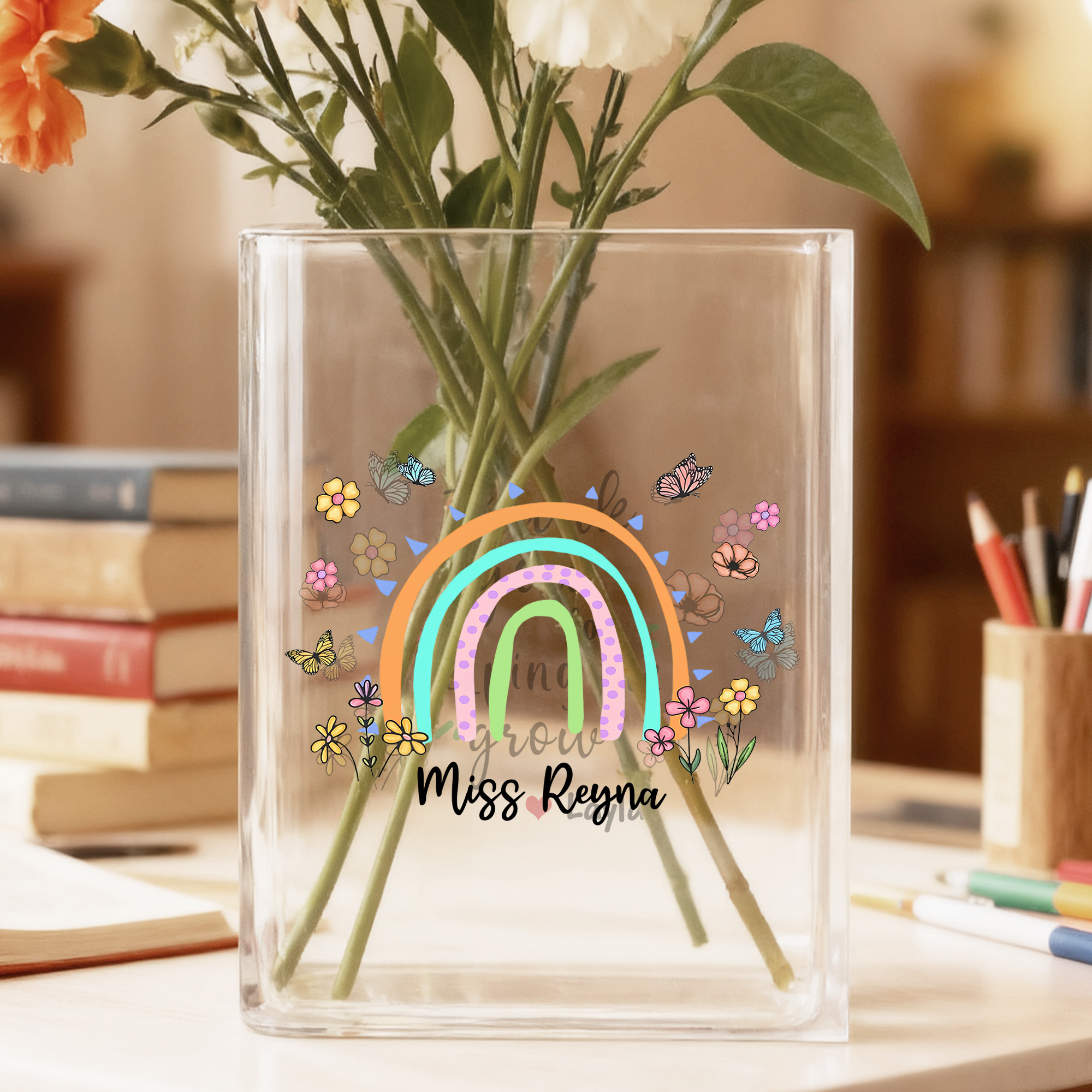 Vase de livres transparent avec nom Décoration de chambre Cadeau d'appréciation de la journée des enseignants pour les amoureux des livres