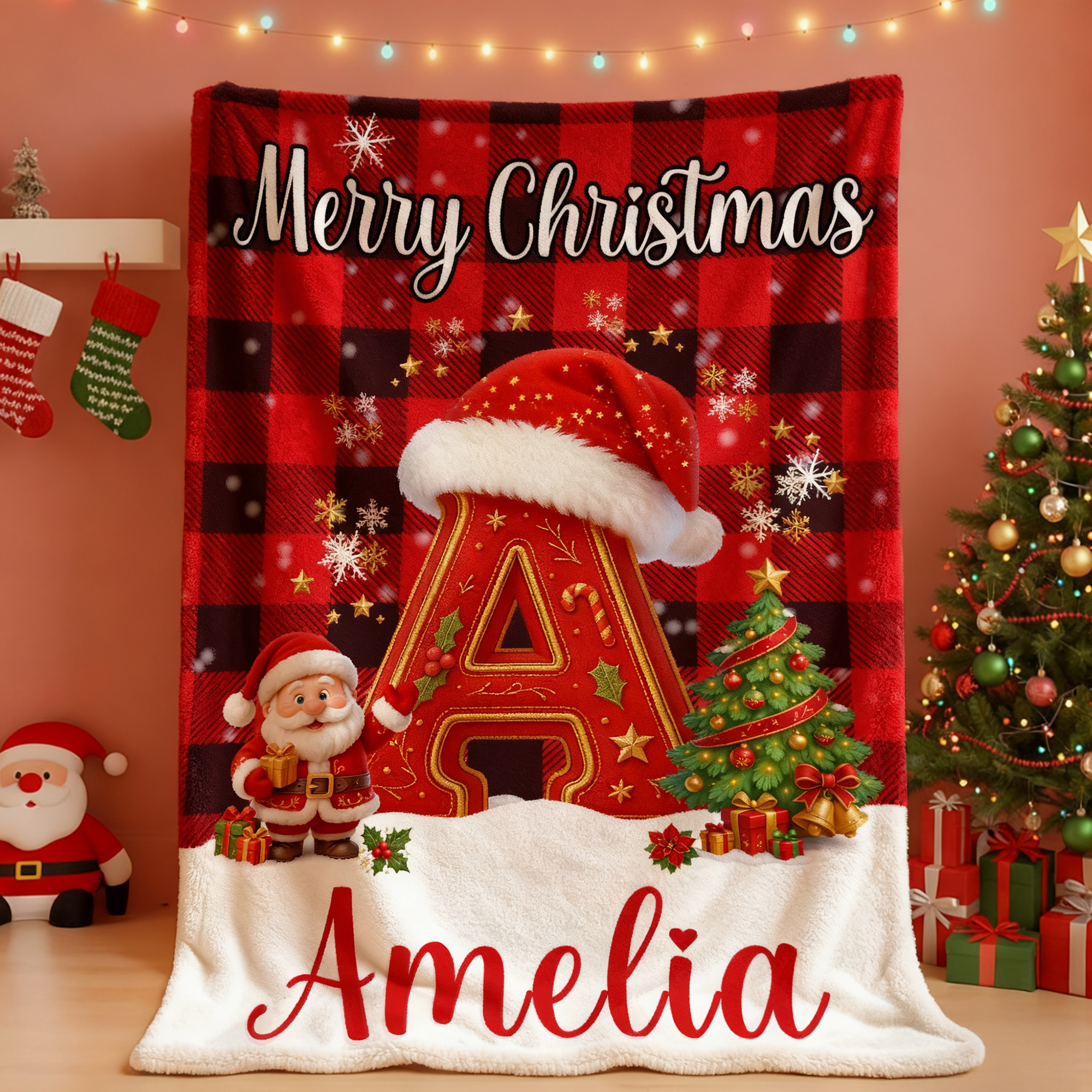 Couverture de Noël à carreaux personnalisée avec nom et initiales Cadeau de Noël pour les enfants, la famille et les amis