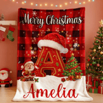 Personalized Plaid Christmas-Themed Initial Soft Throw Blanket with Name Home Decor Christmas Gift for Children Family Friends