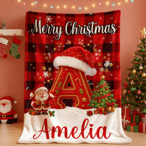 Personalised Plaid Christmas-Themed Initial Soft Throw Blanket with Name Home Decor Christmas Gift for Children Family Friends