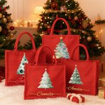 Personalized Watercolor Christmas Tree Large Capacity Jute Red Tote Bag with Name Christmas Party Gift for Kids Friends