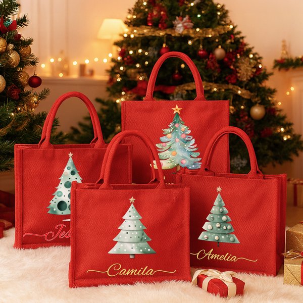 Personalized Watercolor Christmas Tree Large Capacity Jute Red Tote Bag with Name Christmas Party Gift for Kids Friends
