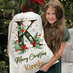 Personalized Holly Initial Canvas Drawstring Gift Bag with Name Christmas Gift for Friends Family