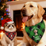 Personalized Christmas Plaid 3D Cute Cartoon Dog Cat Adjustable Pet Bandana with Name and Text Birthday Christmas Gift for Pet Owners