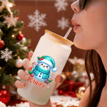 Personalized Cute Snowman 20 oz Name Glass Tumbler with Bamboo Lid and Straw Christmas Gift for Family Friends
