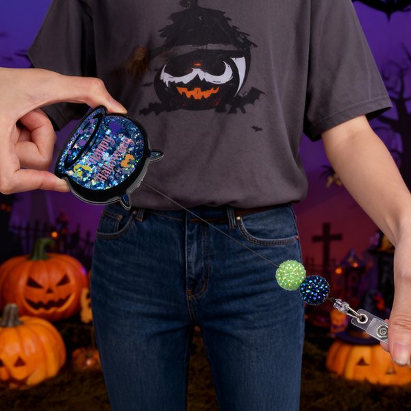 Personalized Witch's Magic Cauldron Glitter Acrylic Badge Clip with Text Party Gift for Lab Technician Friend