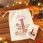 Personalized Cute Snowman Reindeer Santa Claus Canvas Drawstring Gift Bag with Name and Year First Christmas Party Favors for Baby