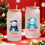 Personalized Cute Snowman 20 oz Name Glass Tumbler with Bamboo Lid and Straw Christmas Gift for Family Friends