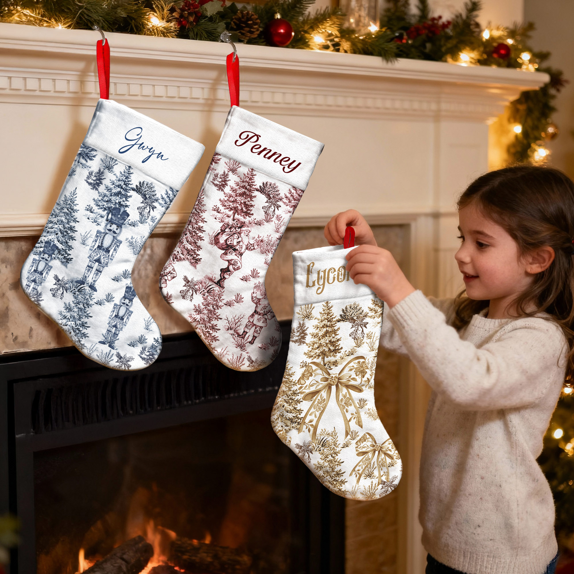 Bas de Noël Personnalisé avec Nom et Motif Style de Toile de Jouy Décoration Maison Cadeau de Noël pour Enfants Famille Amis