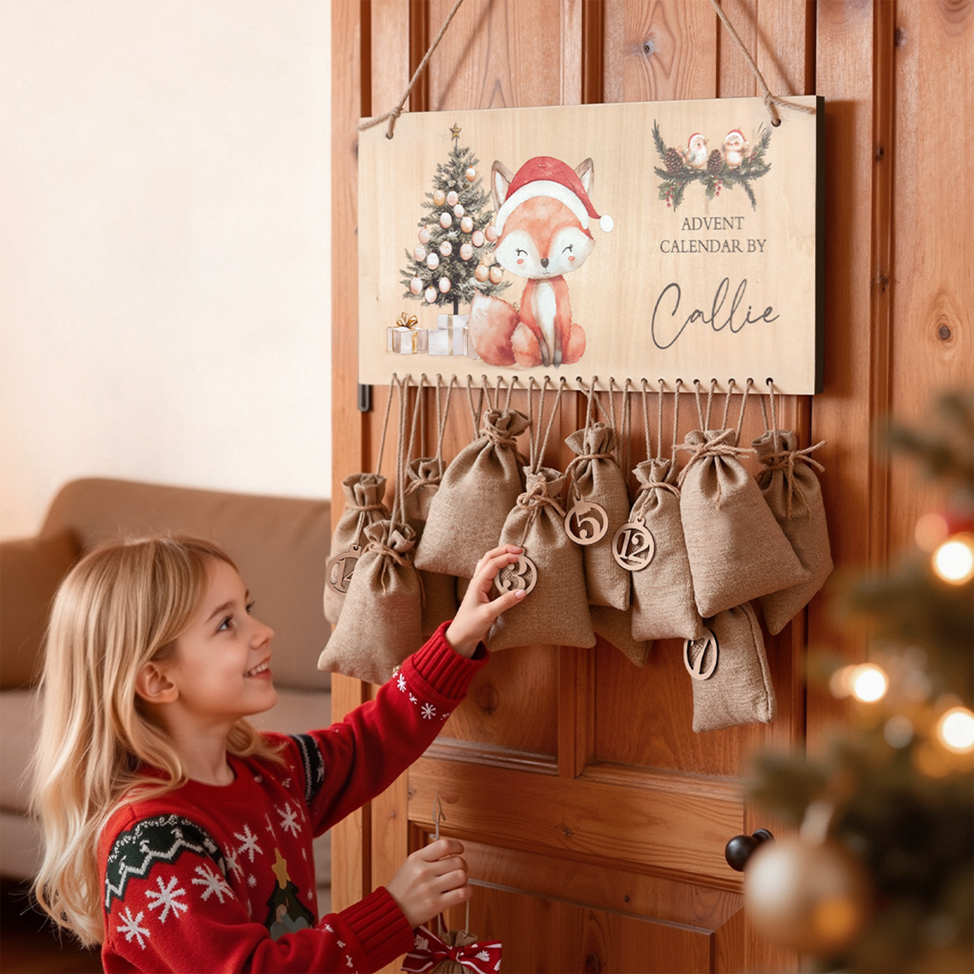 Calendrier de l'Avent en bois personnalisé avec nom et sacs en jute Cadeau de Noël pour enfants