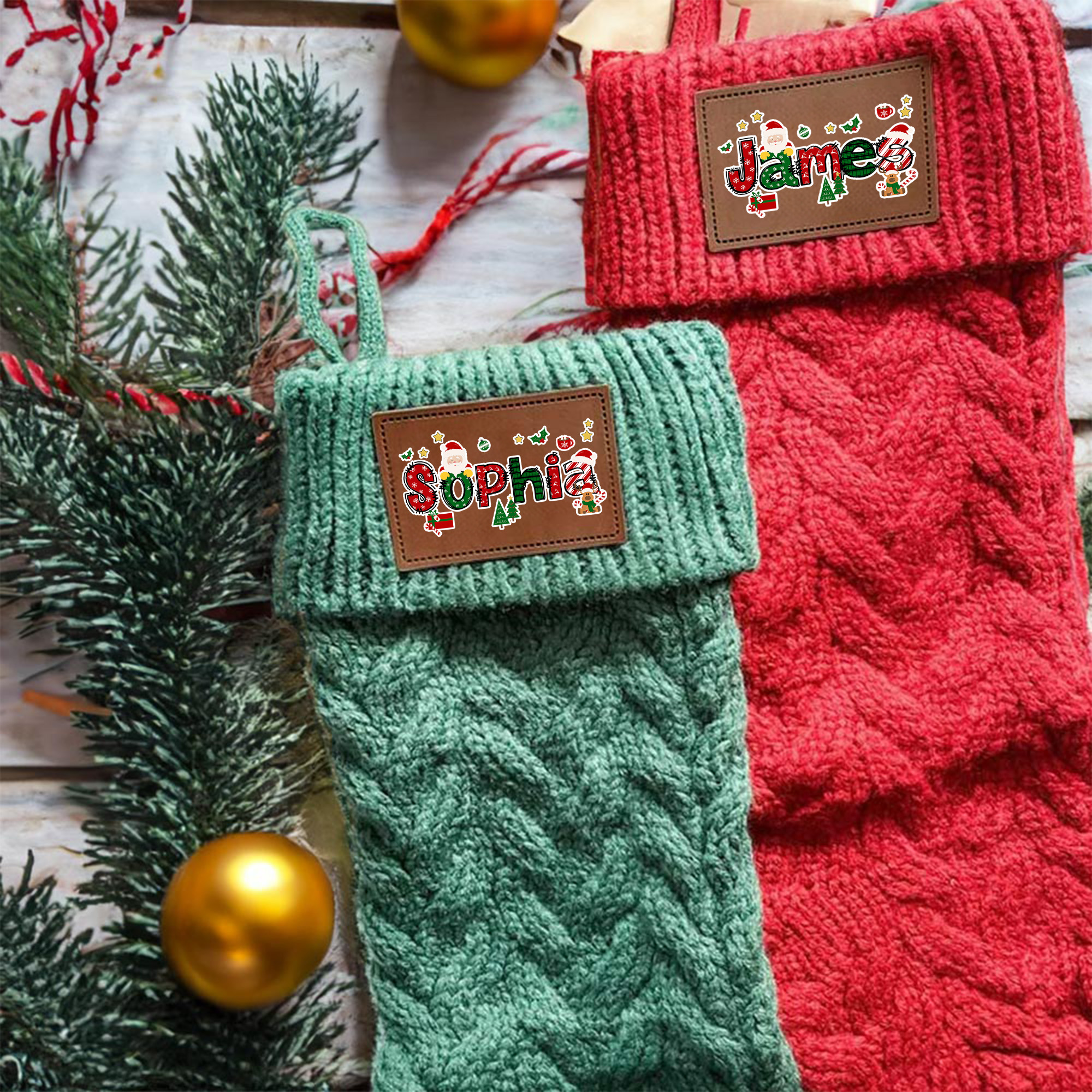 Personnalisé Vintage en cuir PU Patch Santa Claus Christmas Stocking with Name Fireplace Decor Christmas Party Christmas Gift for Family Kids