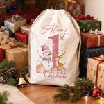 Personalized Cute Snowman Reindeer Santa Claus Canvas Drawstring Gift Bag with Name and Year First Christmas Party Favors for Baby