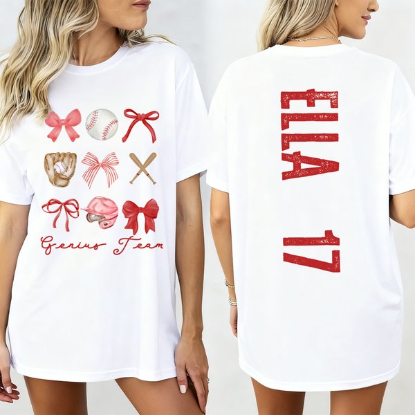 Personalised Bow Baseball Multicolour T-shirt Sweatshirt Hoodie with Name and Number Christmas Game Day Gift for Women Friends